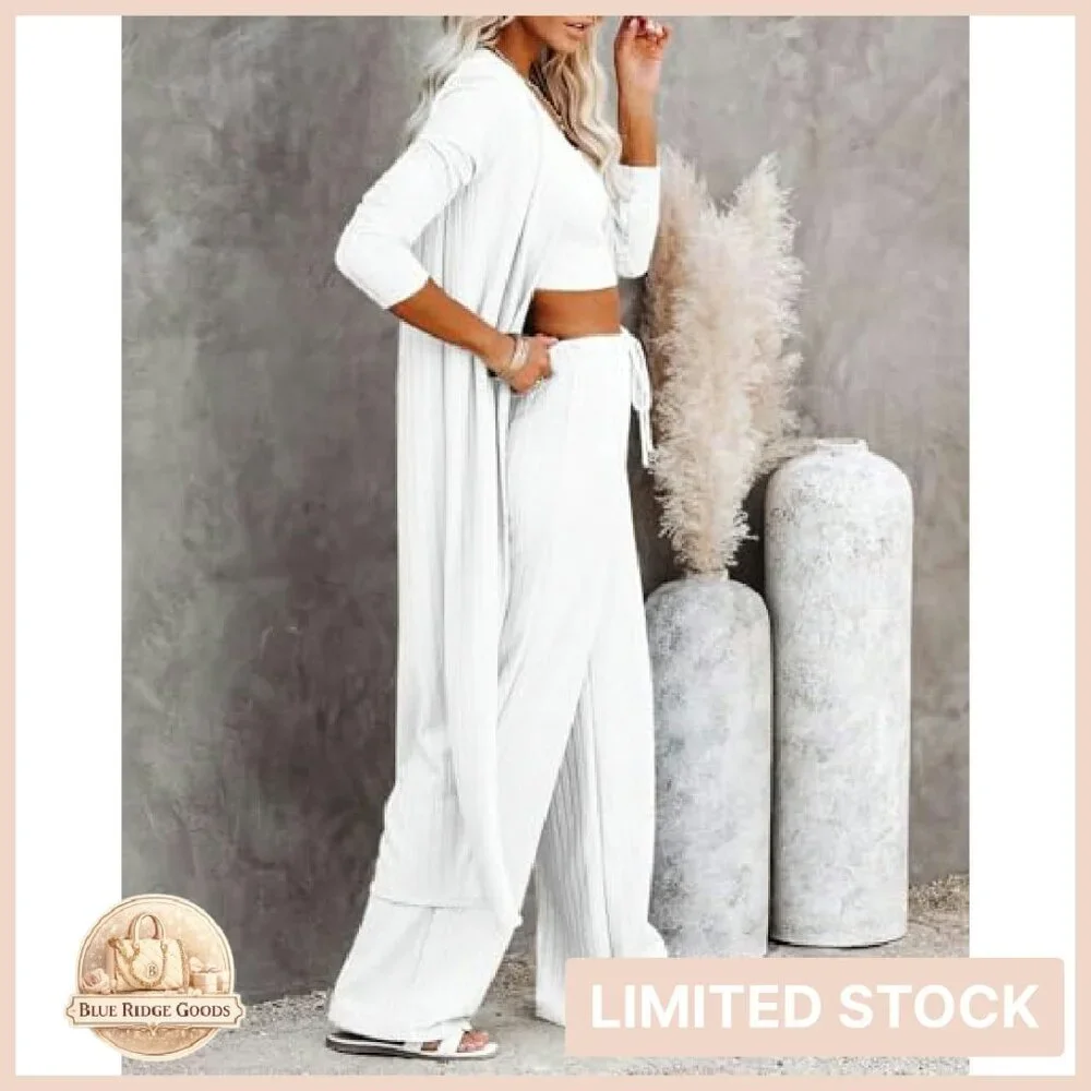 3 Piece Lounge Set Knit Cardigan Crop Top Wide Leg Pants Chic Comfy